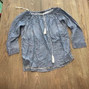 Tommy Hilfiger Chambray Blouse 3/4 Sleeve Tie Neck Front Pockets Blue Size L